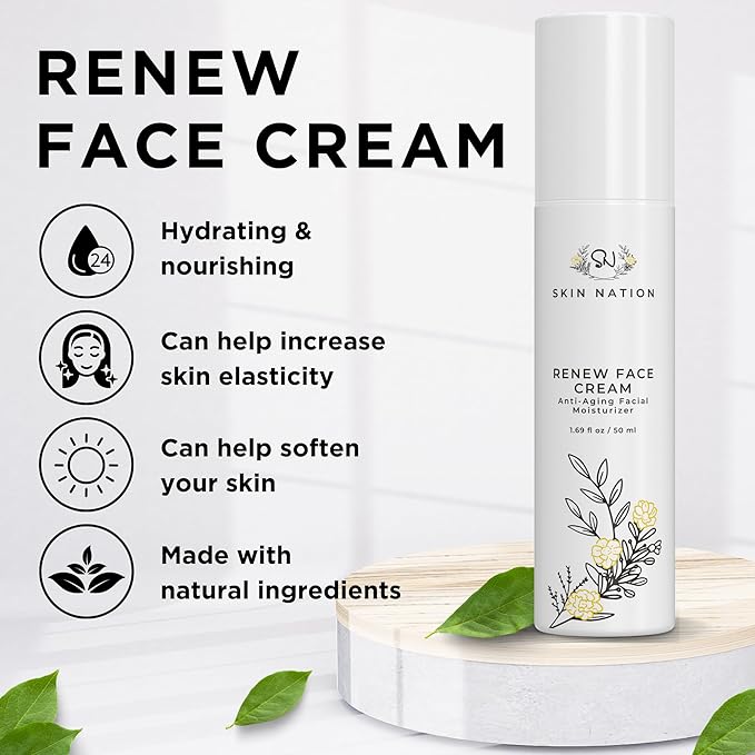 Skin Nation Renew Face Cream, Hydrating Moisturizer with Peptides, Hyaluronic Acid & Green Tea, Lightweight Plant-Based Cream for Smooth, Radiant Skin, 1.69 fl oz