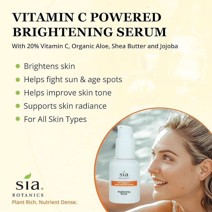 Sia Botanics Brightening Face Serum (30ml/1oz Porceline Bottle) | Facial Treatment w/Vitamin C, Lemon Peel Bio Ferment, Aloe Vera | Natural, Clean, Botanical Skincare for Women