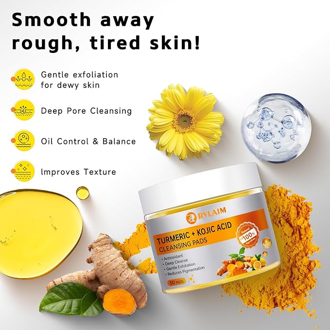 Turmeric Kojic Acid Cleansing Pads, 50 Pcs Turmeric Pads for Face Cleansing and Exfoliation