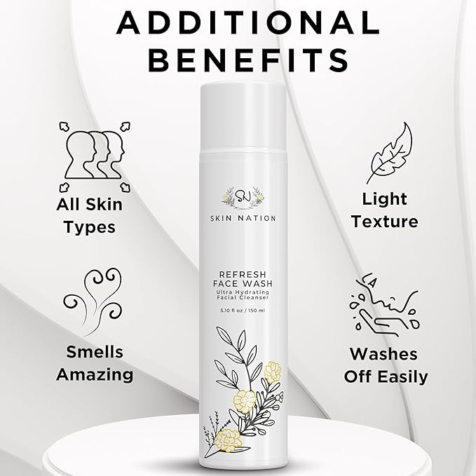 Skin Nation Hydrating Gentle Face Wash with Organic Aloe and Chamomile for Dry, Oily and Sensitive Skin, Paraben Free and Sulfate Free, 5.1 Fl Oz, Made in USA
