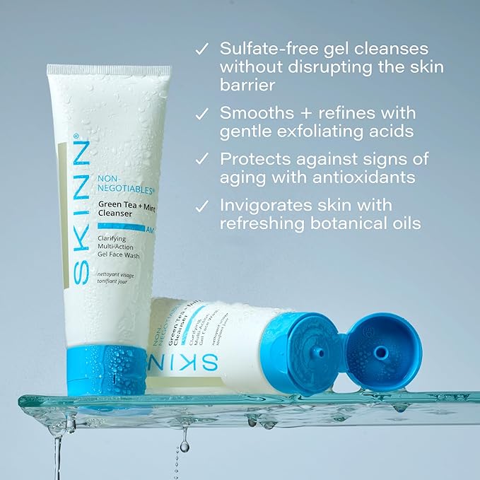 SKINN Daily Morning Face Wash, Green Tea + Mint Cleanser, 4oz - Gentle Exfoliating Facial Cleanser for All Skin Types - Formulated with Antioxidant & Botanical Oils & Salicylic Acid
