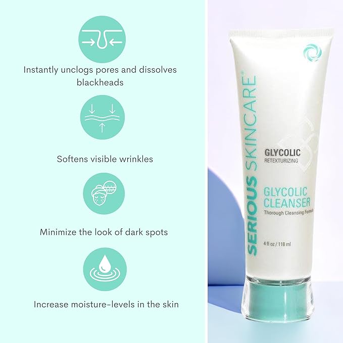 Serious Skincare Glycolic Cleanser - Daily Non-Drying Exfoliating Face Wash - 10% Glycolic Acid - Deep Pore Purifying - Removes Blackheads, Makeup & Impurities 4 Fl. Oz.