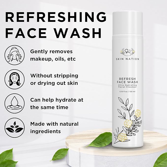 Skin Nation Hydrating Gentle Face Wash with Organic Aloe and Chamomile for Dry, Oily and Sensitive Skin, Paraben Free and Sulfate Free, 5.1 Fl Oz, Made in USA
