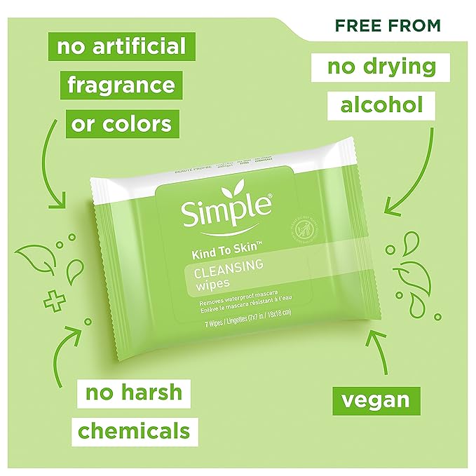 Simple Kind to Skin Facial Cleansing Wipes Cleanser & Makeup Remover Cleansing Removes Waterproof Mascara 7 Wipes (Pack of 2)