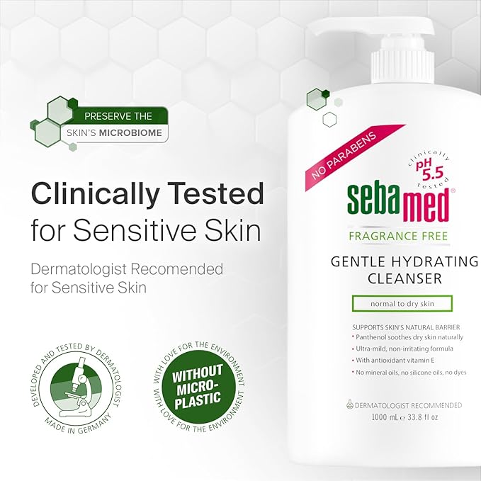 SEBAMED Fragrance-Free Gentle Face and Body Hydrating Cleanser pH 5.5 Dermatologist Recommended Ultra Mild Formula for Normal To Dry Sensitive Skin 33.8 Fluid Ounces (1 Liter)