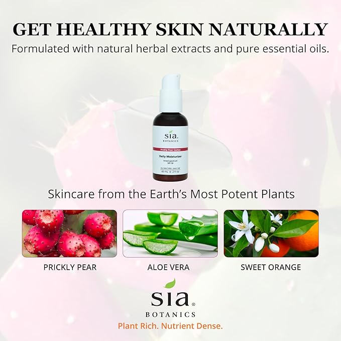 Sia Botanics Prickly Pear Daily Facial Moisturizer - SPF 30 (59ml/2oz Pump Bottle) | Face Sunscreen w/Prickly Pear, Sweet Orange, Lavender | Natural, Clean, Botanical Skincare for Women