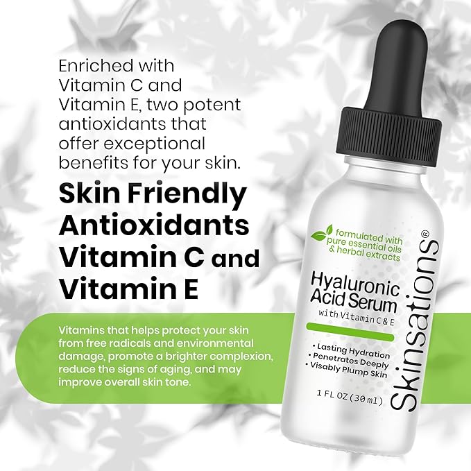 Skinsations - Hyaluronic Acid Serum for Face | Daily Moisturizer with Organic Botanical Extracts | Vitamin C, Vitamin E, Jojoba Oil, Witch Hazel, Green Tea Extract