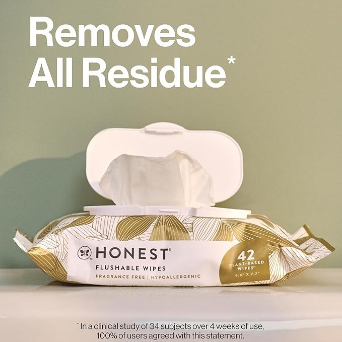 The Honest Company Flushable Wipes for Sensitive Skin | Fragrance Free, Hypoallergenic, 99% Water, Safe to Flush | pH Balanced Feminine Wipes | Gilded Wings, 42 Count