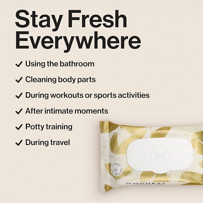 The Honest Company Flushable Wipes for Sensitive Skin | Fragrance Free, Hypoallergenic, 99% Water, Safe to Flush | pH Balanced Feminine Wipes | Gilded Wings, 42 Count