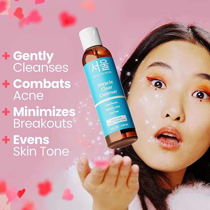 SeoulCeuticals Korean Acne Snail Cleanser Face Wash - Snail Mucin, Salicylic Acid & Tea Tree Acne Treatment for Sensitive Skin & K Beauty Glow 4oz
