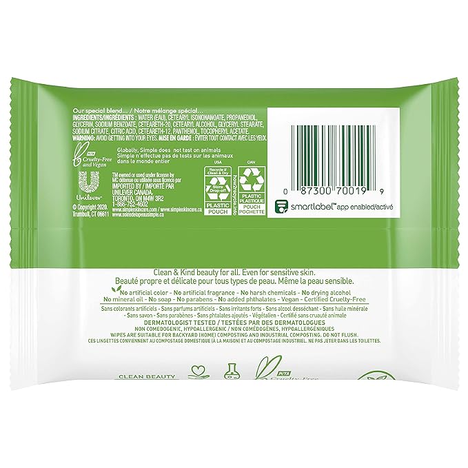 Simple Kind to Skin Facial Cleansing Wipes Cleanser & Makeup Remover Cleansing Removes Waterproof Mascara 7 Wipes