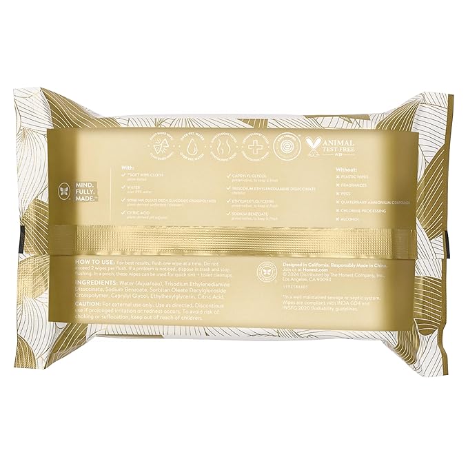 The Honest Company Flushable Wipes for Sensitive Skin | Fragrance Free, Hypoallergenic, 99% Water, Safe to Flush | pH Balanced Feminine Wipes | Gilded Wings, 42 Count